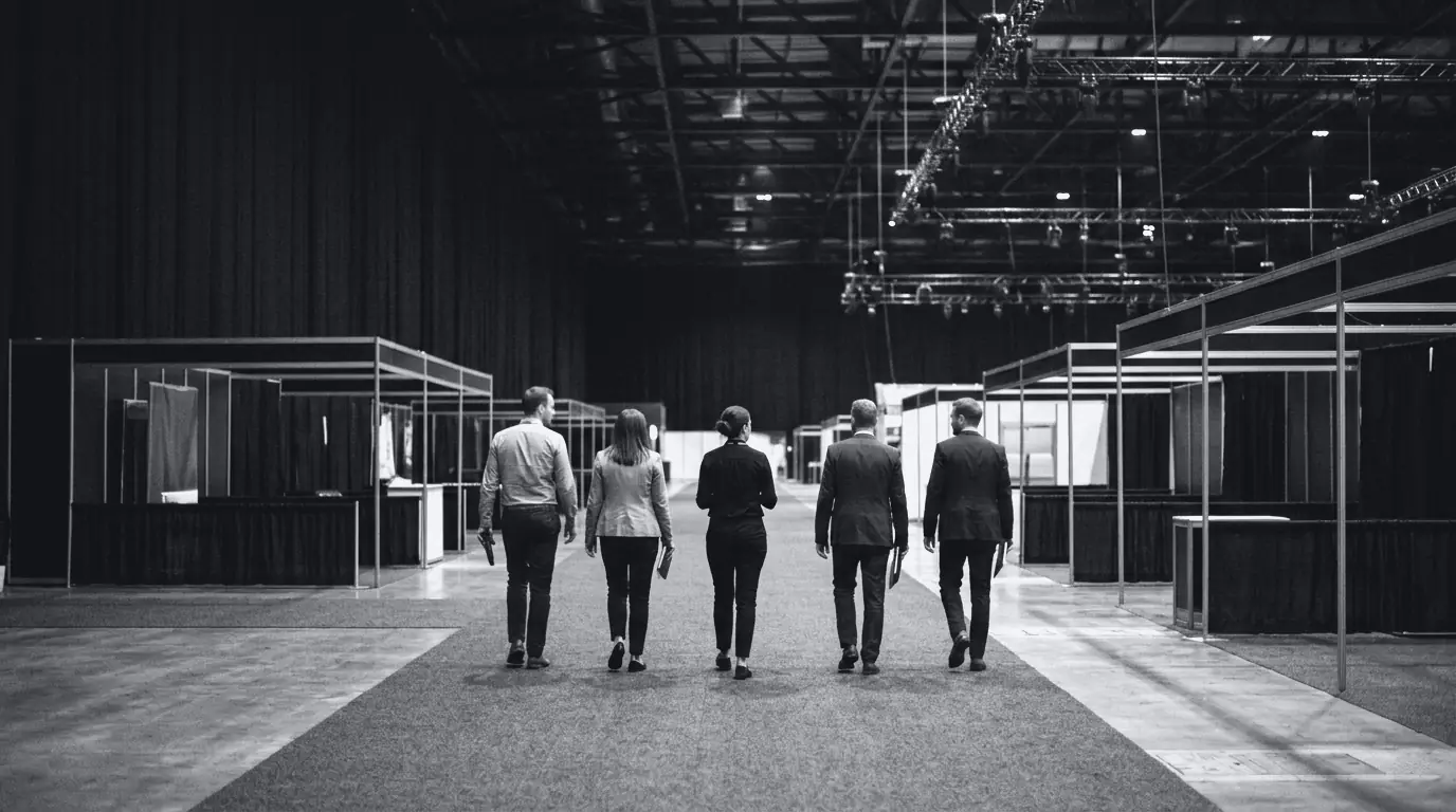 Photo of a small group of visitors walking down an exhibition aisle, seen from behind