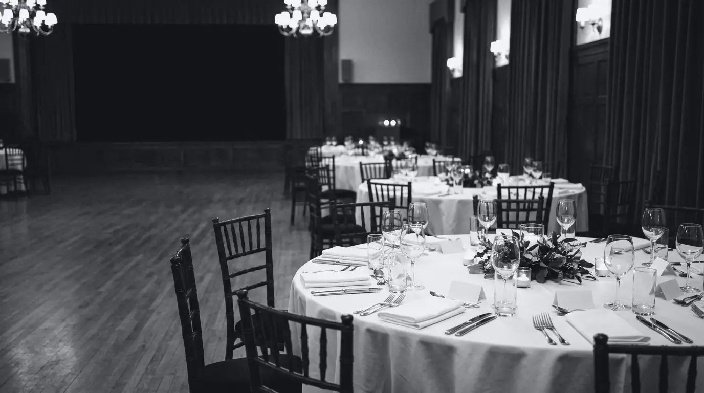Photo of round dinner tables set before guests arrive
