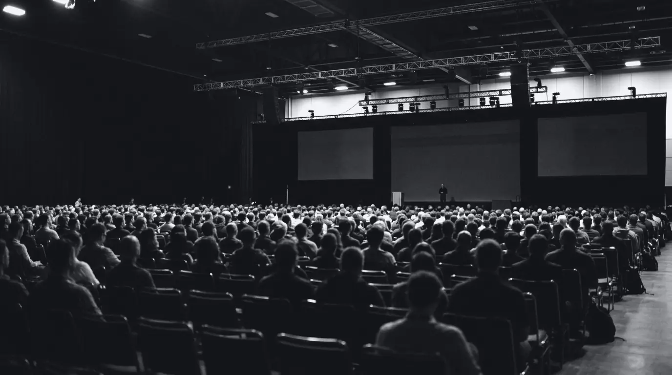 Photo of a conference hall seen from the back, with an audience facing the stage