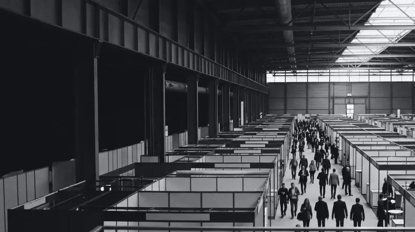Photo of a trade show hall seen from a mezzanine, with visitors walking between stands